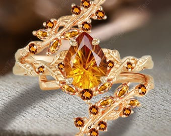 Pear Firework Cut Citrine Engagement Ring Solid 14K Yellow Gold Leaf Bridal Set Nature Inspired Twig Enhance Stack Wedding Band Promise Gift