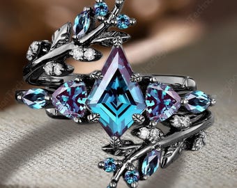 Pierścionek zaręczynowy z aleksandrytu w kształcie latawca w stylu art déco, gotycki zestaw ślubny z litego czarnego złota, unikatowy zestaw obrączek ślubnych z gałązką liścia, prezent z obietnicą