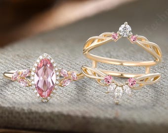 Marquise cut Pink Sapphire Engagement ring set Yellow gold Halo Diamond Bridal set enhancer band Unique Pink wedding band Anniversary gift