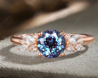 Round Alexandrite Engagement Ring 14k rose gold moissanite Wedding Ring for Her Anniversary Gift Promise Rings for Women Dainty Bridal band