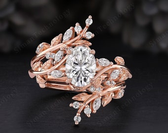 Oval Moissanite Floral Engagement Ring Set Rose Gold Diamond Wedding Ring Unique Leaf Marquise Enhancer Ring Set Women Stacking Wedding Band