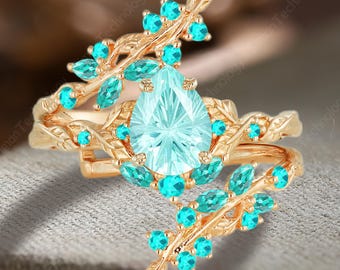 Pear Firework Cut Paraiba Engagement Ring 14K Yellow Gold Leaf Tourmaline Bridal Set Dainty Twig Enhance Stack Wedding Band Anniversary Gift
