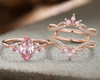 Marquise Pink Sapphire Engagement ring set Vintage Cluster Diamond wedding band rose gold enhancer band Unique Bridal set Anniversary gift