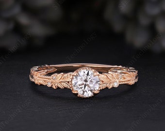 Vintage Moissanite Engagement Ring, Leaf Flower Ring, Alternative Ring, Rose Gold Ring, Art Deco Ring, Prong Set Unique Anniversary Ring