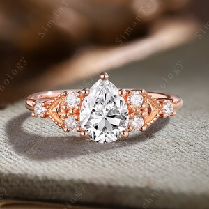 Pear Shaped Moissanite engagement ring vintage Rose gold Unique Halo Personalized ring women Half eternity wedding Bridal Anniversary gift