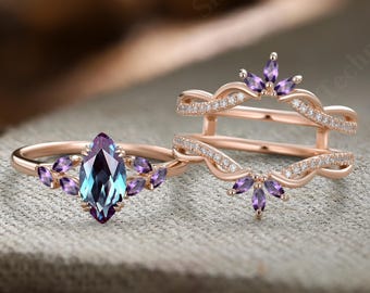 Marquise Alexandrite Engagement ring set Vintage Filigree Amethyst wedding band rose gold enhancer band Unique Bridal set Anniversary gift