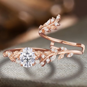 Oval cut moissanite engagement ring Vintage rose gold cluster diamond bridal set Art deco marriage ring Leaf twig wedding band Promise Gifts