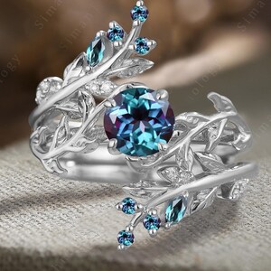 Vintage round cut alexandrite engagement ring White gold art deco cluster leaf bridal promise set Unique nature inspired branch wedding band