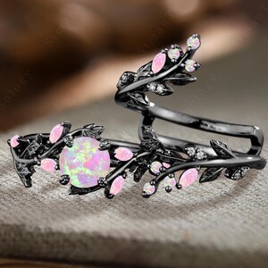 Vintage Round Cut Pink Fire Opal Engagement Ring 14K Black Gold Art Deco Cluster Bridal Promise Ring Set Unique Leaf Twig Stack Wedding Band