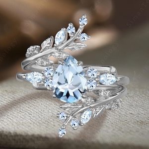 Unique Pear Cut Aquamarine Engagement Ring Set Art Deco 14k White Gold March Birthstone Bridal Promise Ring Dainty Twig Enhance Wedding Band