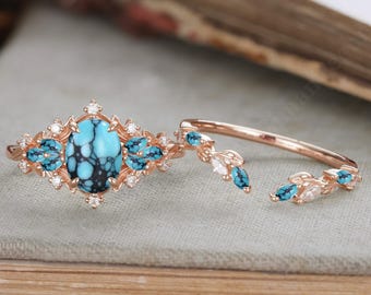 Oval shaped Turquoise Engagement ring set Vintage  yellow Gold diamond Curved Wedding Band Unique Promise leaf Bridal Set Anniversary gift
