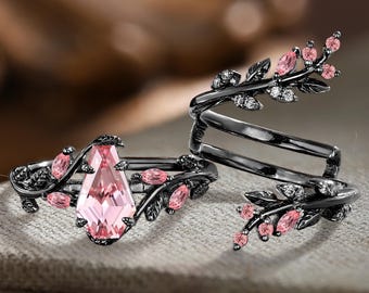 Unique Coffin Pink Sapphire Engagement Ring Set Solid 14K Black Gold Twist Propose Ring Leaf Twig Enhance Stacking Wedding Band Promise Gift