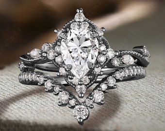 Unique Gothic Moissanite Engagement Ring Set  Solid 14K Black Gold Art deco Bridal Set  Antique Enhance Curved Wedding Band Anniversary Gift