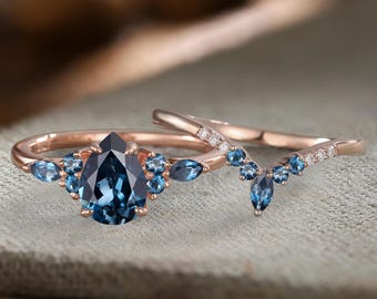 Pear shaped Blue Topaz Engagement ring set Vintage marquise cut Blue Topaz wedding band Rose gold Cluster Unique Bridal set Anniversary gift