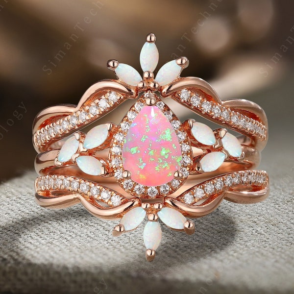Pear Pink Opal engagement ring Vintage rose gold moissanite ring Marquise opal Enhancer wedding band Stacking Bridal sets Anniversary gift