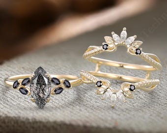 Vintage Marquise Rutilated Quartz Engagement ring set Solid Gold Cluster leaf Bridal Set Twisted Rope Diamond enhancer band Anniversary gift
