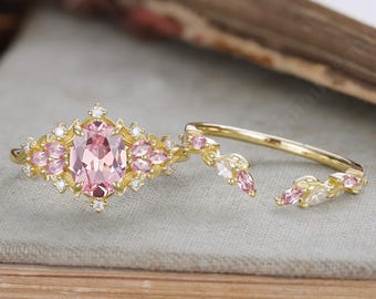 Oval cut Pink Sapphire Engagement ring set Vintage marquise Pink gemstone band 14K gold Cluster Unique leaf Pink Bridal set Anniversary gift
