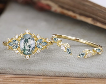 Oval moss agate Engagement ring set Vintage Marquise moss agate wedding band 14K gold Cluster shank Unique leaf Bridal set Anniversary gift
