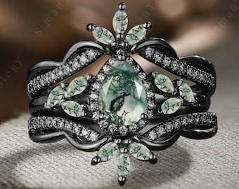 Pear shaped Moss agate Engagement ring set Vintage Gothic Solid 14K Black gold Bridal ring set Cluster Moissanite double Curved Wedding Band