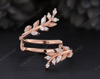 Marquise Moissanite Leaf Ring, Enhancer And Wraps Rose Gold Moissanite Double Curved Wedding Band, Diamond Floral Stacking  Rings For Women