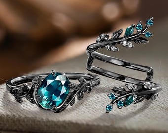 Antique Oval Cut Teal Sapphire Engagement Ring Set Solid 14K Black Gold Moon Propose Ring Leaf Branch Enhance Wedding Band Anniversary Gifts