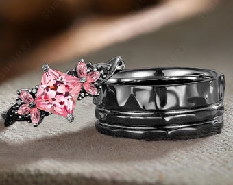 Unique Princess Pink Sapphire Couples Ring Set 14K Black Gold