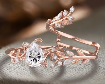 Vintage Pear Shaped Moissanite Engagement Ring Rose Gold Half Eternity Bridal Set Cluster Diamond Leaf Branch Wedding Band Anniversary Gifts