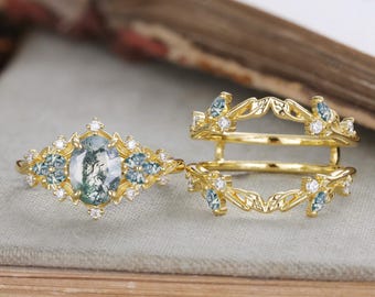 Oval moss agate Engagement ring set Vintage Marquise moss agate wedding band Solid gold enhancer band Unique leaf Bridal set Anniversarygift