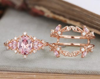 Oval cut Pink Sapphire Engagement ring set marquise Pink gemstone enhancer band 14K gold Cluster Unique Pink leaf Bridal set Anniversarygift