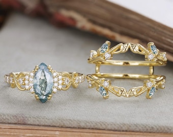 Marquise cut moss agate Engagement ring set Vintage moss agate wedding band Solid gold enhancer band Unique leaf Bridal set Anniversary gift