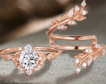 Pear shaped Moissanite Engagement Ring Set Art Deco rose gold Leaf Diamond Wedding ring Dainty twig Bridal Band Anniversary Gifts for her