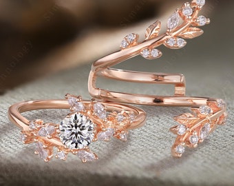 Round Moissanite Engagement Ring Set 14k Rose Gold Leaf Branch Wedding Band For Women Nature Inspired Twig Diamond Promise Ring Bridal Set