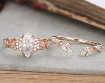 Marquise cut Moissanite Engagement ring set Vintage diamond  wedding band yellow gold Cluster shank Unique leaf Bridal set Anniversary gift