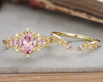 Oval cut Pink Sapphire Engagement ring set Vintage marquise Pink gemstone band 14K gold Cluster Unique Pink leaf Bridal set Anniversary gift