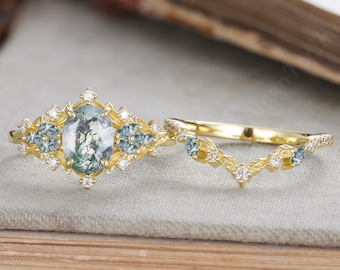 Oval moss agate Engagement ring set Vintage Marquise moss agate wedding band 14K gold Cluster shank Unique leaf Bridal set Anniversary gift