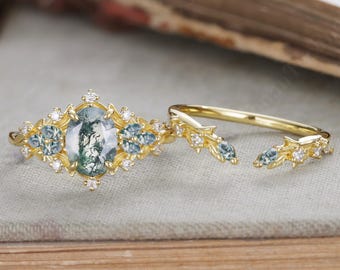 Oval moss agate Engagement ring set Vintage Marquise moss agate wedding band 14K gold Cluster shank Unique leaf Bridal set Anniversary gift