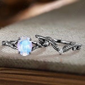 Vintage Oval Cut Moonstone Engagement Ring Set Unique Leaf Stacking Curved Wedding Band Art Deco 14K Black Gold Bridal Promise Gift For Wife