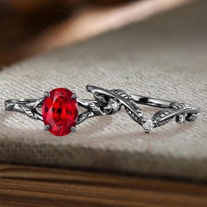 Art deco oval ruby engagement ring set Gothic solid 14k black gold twig leaf propose ring Branch enhance curved wedding band Promise gifts