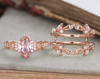Marquise cut Pink Sapphire Engagement ring set marquise Pink gemstone enhancer band 14K gold Cluster Pink leaf Bridal set Anniversary gift