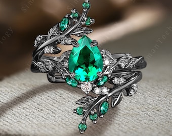 Unique Pear Cut Emerald Engagement Ring 14K Black gold Marquise Leaf Twig Enhance Stacking Wedding Band Art Deco Bridal Set Anniversary Gift