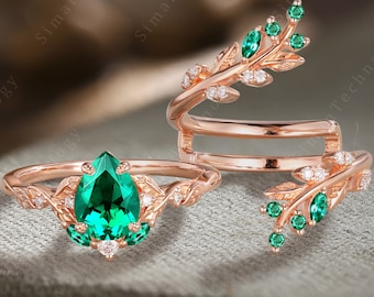 Nature inspired pear shaped emerald engagement ring set Vintage rose gold Leaf Moissanite ring Unique  twig Diamond ring Anniversary Gift
