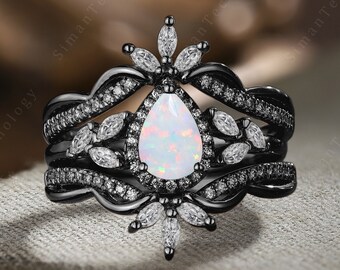 Pear Shaped Opal & Moissanite Engagement Ring Set - S925 Silver 3pc Bridal Set
