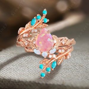 Pear Shaped Leaf Pink Opal Engagement Ring Set Nature Inspired 14K Rose Gold Stacking Bridal set Unique Art deco Twig Turquoise Wedding Band