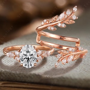 Oval Cut Moissanite Engagement Ring Nature Inspired Cluster Diamond Enhance Wedding Band 14K Rose Gold leaf Twig Bridal Set Anniversary Gift