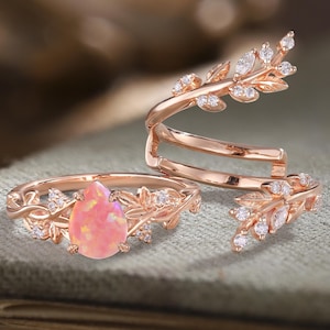 Pear Cut Pink Fire Opal Engagement ring set Vintage Rose gold Moissanite Bridal ring gift set Twig Leaf Cluster Diamond Enhance Wedding Band