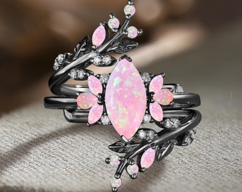 Vintage marquise pink fire opal engagement ring set Gothic black gold vine leaf bridal sets Unique Half Eternity Promise ring Wedding Band