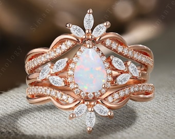 Pear shaped Opal Engagement Ring Set Vintage Rose Gold Wedding Ring Woman Unique Half Eternity moissanite Ring Bridal band Anniversary Gift
