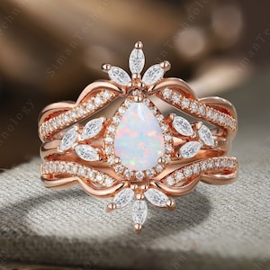 Pear shaped Opal Engagement Ring Set Vintage Rose Gold Wedding Ring Woman Unique Half Eternity moissanite Ring Bridal band Anniversary Gift