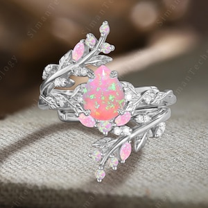 Unique Pink Fire Opal Engagement Ring Set Solid 14K Blakc Gold Leaf Bridal Promise Ring Gifts Set Vintage Art Deco Ring Enhance Wedding Band