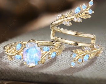 Nature inspired oval cut moonstone engagement ring Leaf vine marquise june birthstone bridal set 14K Yellow gold twig enhance wedding band